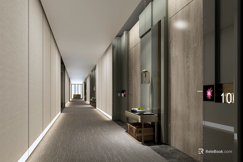Modern Hotel Corridor with Wooden Walls Soft Carpet Flooring Warm Lighting and Elegant Decor 3d model 