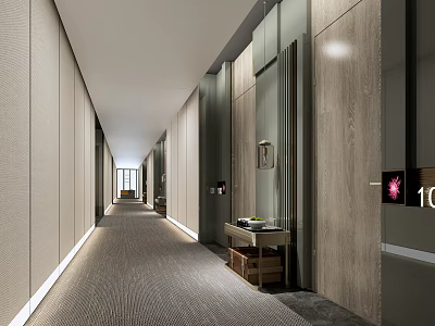 Modern Hotel Corridor with Wooden Walls Soft Carpet Flooring Warm Lighting and Elegant Decor 3d model