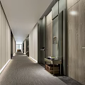 Modern Hotel Corridor with Wooden Walls Soft Carpet Flooring Warm Lighting and Elegant Decor