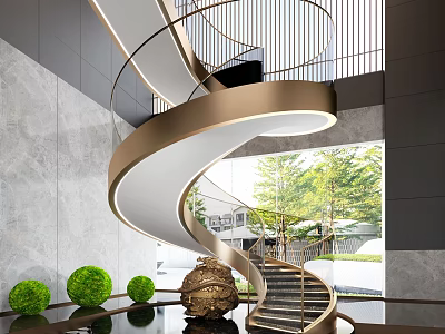 Elegant Modern Spiral Staircase With Gold Railing Green Topiaries And Courtyard View 3d model