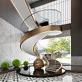 Elegant Modern Spiral Staircase With Gold Railing Green Topiaries And Courtyard View