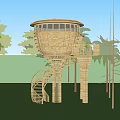 Round Wooden Treehouse With Spiral Staircase And Observation Deck Surrounded By Trees