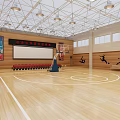 Spacious Basketball Gymnasium Featuring Wooden Floor Basketball Hoop Ceiling Lights And Sports Silhouettes