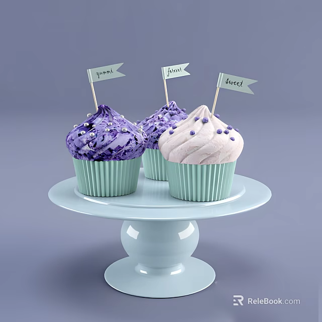 Colorful Cupcakes With Purple White Frosting And Sparkle Shine Honey Flags On Light Blue Cake Stand 3d model 
