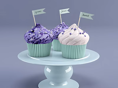 Colorful Cupcakes With Purple White Frosting And Sparkle Shine Honey Flags On Light Blue Cake Stand 3d model