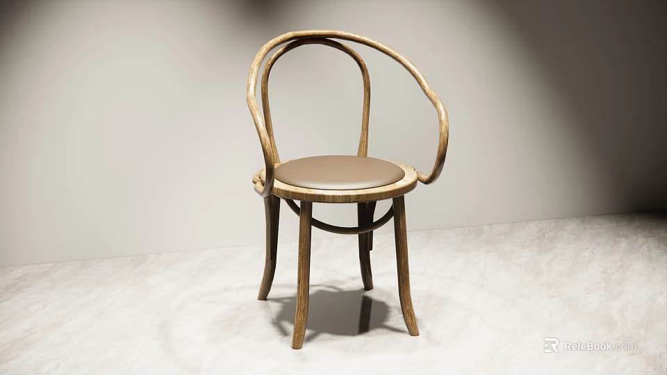 Leisure Chair with Curved Wooden Frame and Brown Leather Cushioned Seat in Minimalist Modern Design 3d model 