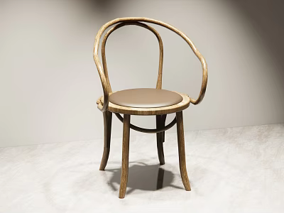 Leisure Chair with Curved Wooden Frame and Brown Leather Cushioned Seat in Minimalist Modern Design 3d model