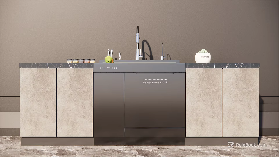 Modern Kitchen Sink With Faucet And Countertop In Contemporary Cabinet Design 3d model 