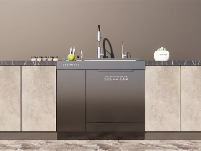 Modern Kitchen Sink With Faucet And Countertop In Contemporary Cabinet Design 3d model