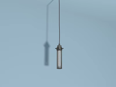 Modern Metallic Pendant Light With Cylindrical Mesh Design On Light Blue Background 3d model