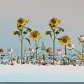 Beautiful Colorful Sunflowers And Pink Flowers With Butterflies On Green Grass