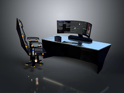 Modern Office Desk Setup With Ergonomic Chair Curved Monitor Keyboard And Mouse 3d model