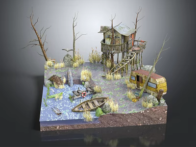 Wooden House In Natural Setting With Dead Trees Water Small Boat Trailer And Weeds 3d model
