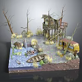Wooden House In Natural Setting With Dead Trees Water Small Boat Trailer And Weeds