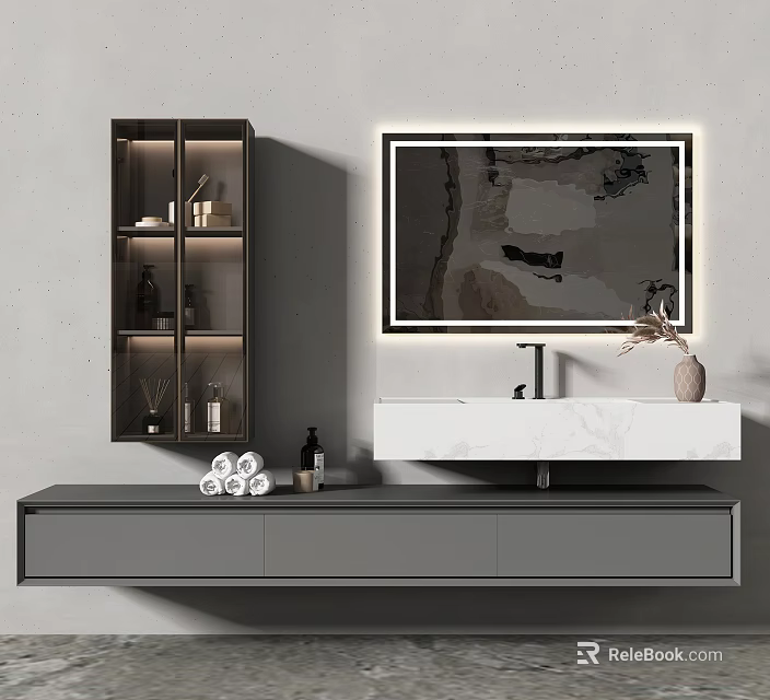 Modern Bathroom Vanity With Glass Door Cabinet LED Mirror Vase And Drawers 3d model 