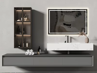 Modern Bathroom Vanity With Glass Door Cabinet LED Mirror Vase And Drawers 3d model