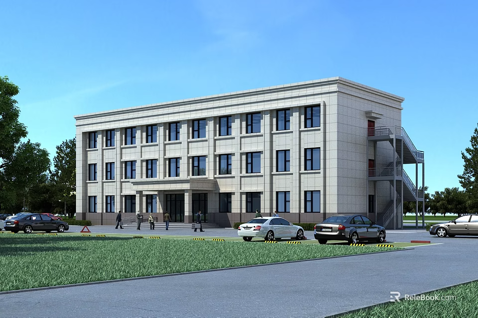 Modern Multi Story Office Building Exterior With Large Windows Lawn And Parking Lot 3d model 