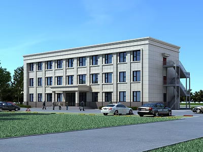 Modern Multi Story Office Building Exterior With Large Windows Lawn And Parking Lot 3d model