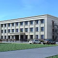 Modern Multi Story Office Building Exterior With Large Windows Lawn And Parking Lot