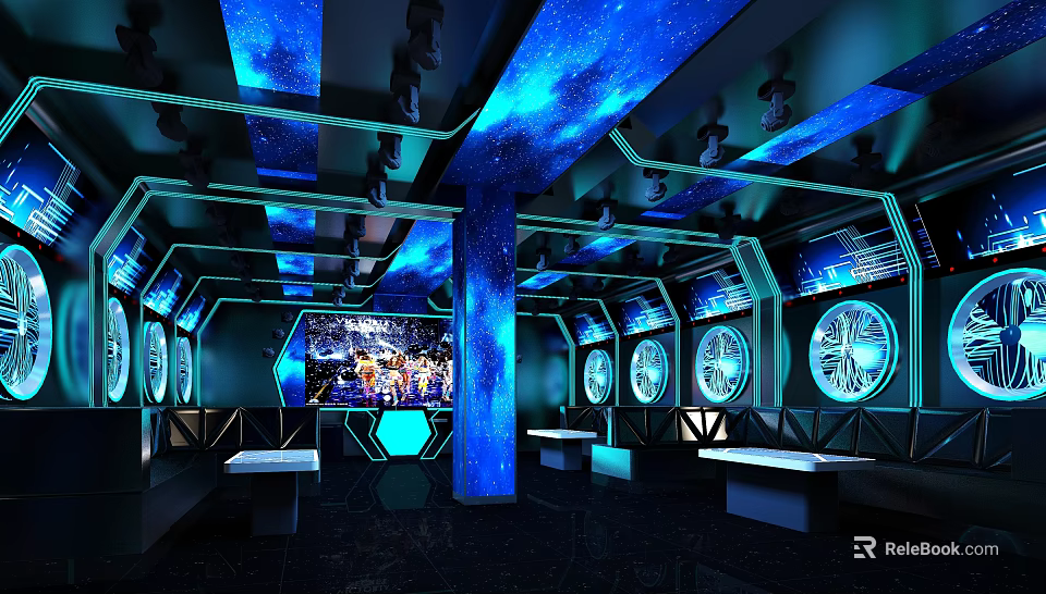 Starry Sky Theme KTV Room with Blue Lighting Circular Screens and Seats 3d model 