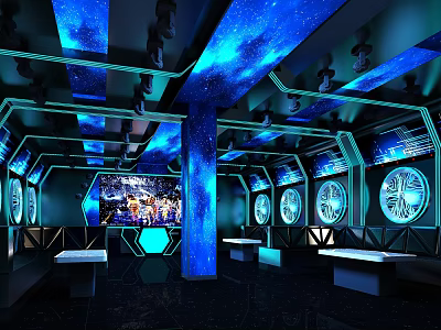Starry Sky Theme KTV Room with Blue Lighting Circular Screens and Seats 3d model