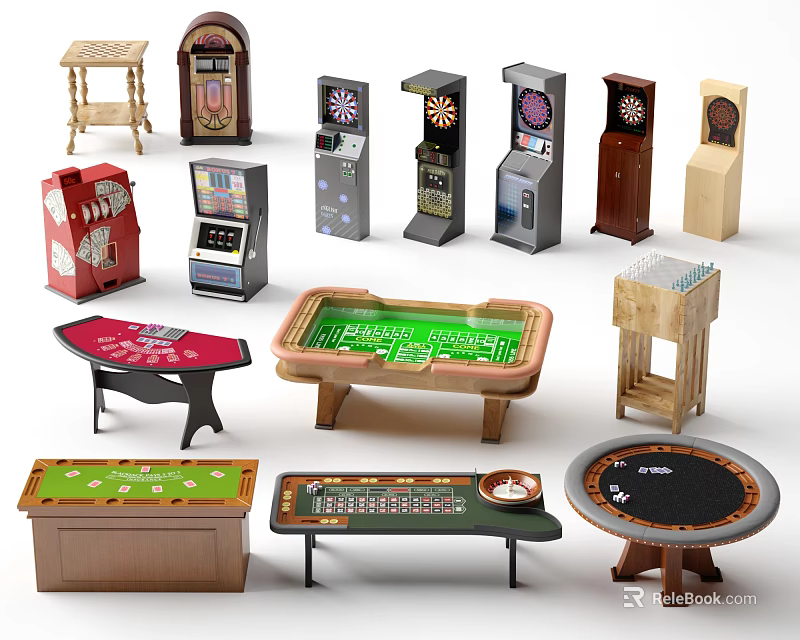 Various Entertainment Appliances Including Pinball Machines Slot Machines Game Tables And Dartboards 3d model 