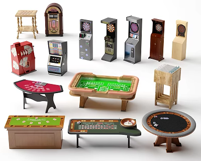 Various Entertainment Appliances Including Pinball Machines Slot Machines Game Tables And Dartboards 3d model