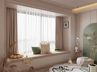 Cozy Room Interior with Window Seat Green Beige Pillows Bread Decorative Painting Plants Round Rug 3d model