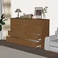 Modern Wooden Chest of Drawers in Living Room with Sofa Plant and Table Lamp