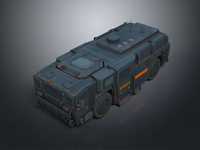 Dark Military Vehicle With Orange Stripes Roof Equipment And Multiple Wheels 3D Rendering 3d model