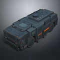 Dark Military Vehicle With Orange Stripes Roof Equipment And Multiple Wheels 3D Rendering