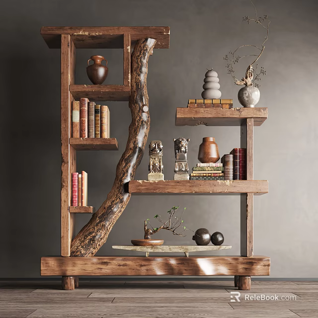 Rustic Wooden Decorative Cabinet With Shelves Holding Vases Books Statues And Potted Plant 3d model 