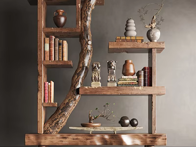 Rustic Wooden Decorative Cabinet With Shelves Holding Vases Books Statues And Potted Plant 3d model