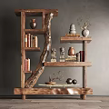 Rustic Wooden Decorative Cabinet With Shelves Holding Vases Books Statues And Potted Plant