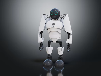Humanoid Robot With White Body Black Head And Blue Eyes Standing On Reflective Base 3d model