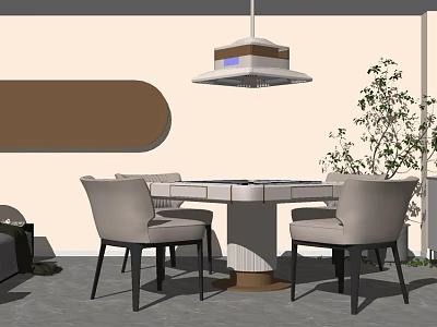 Hotel Mahjong Room Interior With Round Table Comfortable Chairs Pendant Light And Green Plant 3d model