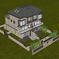 Modern Duplex Villa Featuring Black Roof Beige Walls Balconies Green Plants And Lawn