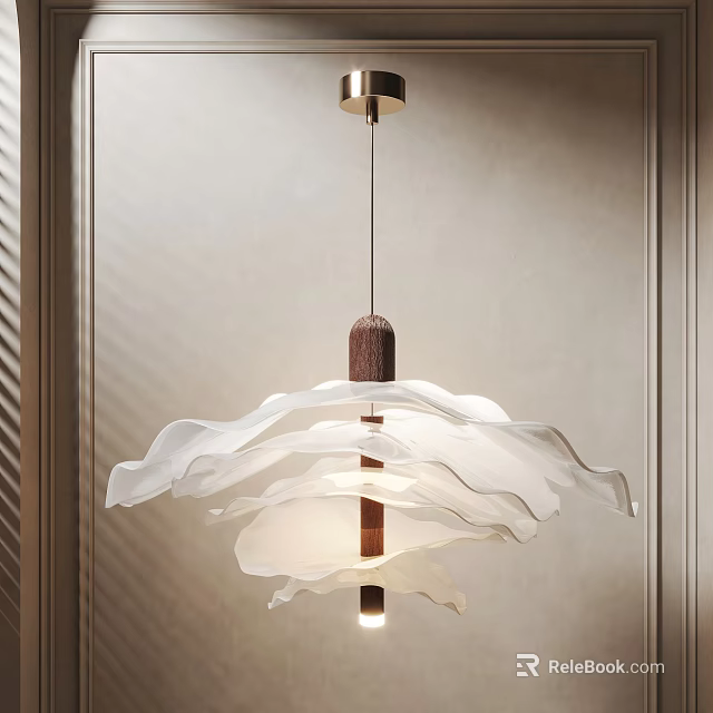 Modern Elegant Chandelier with White Layered Petal Design and Wooden Accents 3d model 