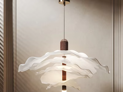 Modern Elegant Chandelier with White Layered Petal Design and Wooden Accents 3d model