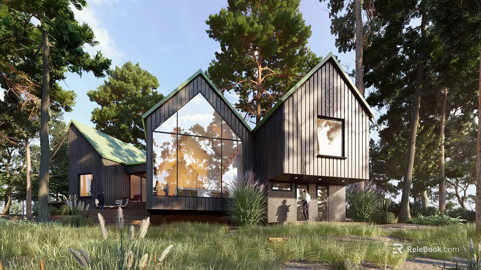 Modern Single Family House With Wooden Exterior Large Glass Windows And Woodland Surroundings 3d model 