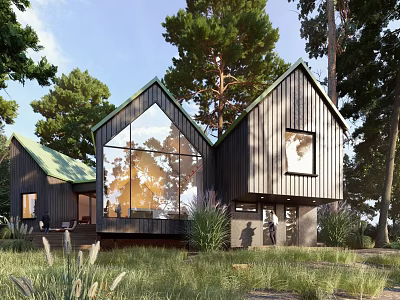 Modern Single Family House With Wooden Exterior Large Glass Windows And Woodland Surroundings 3d model