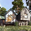 Modern Single Family House With Wooden Exterior Large Glass Windows And Woodland Surroundings