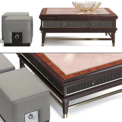 Modern Dark Wood Coffee Table With Light Wooden Top And Gray Upholstered Stools 3d model