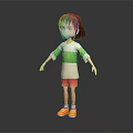 3D Render Girl Standing in Green White Striped Shirt Pink Shorts and Yellow Orange Shoes