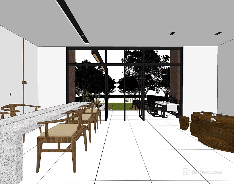 Indoor Seating Area With Large Windows And Scenic Garden Landscape View 3d model 