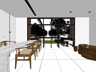 Indoor Seating Area With Large Windows And Scenic Garden Landscape View 3d model