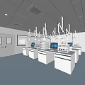 Modern Laboratory Interior With White Lab Benches Computers Fume Hoods Blue Flooring And White Ceiling
