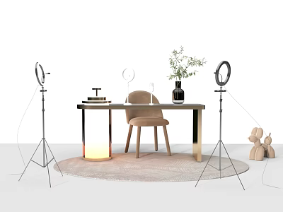 Modern Office Desk With Chair Table Lamp Vase Plant Ring Lights Rug And Decorations 3d model