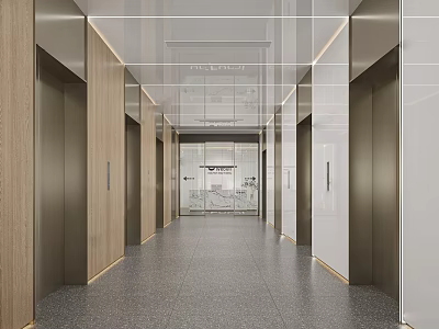 Modern Elevator Lobby Interior With Wooden Panels Metal Doors Grey Polished Floor And Ceiling Lights 3d model