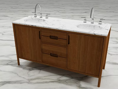 Modern Double Sink Vanity With Marble Countertop And Wooden Cabinet 3d model